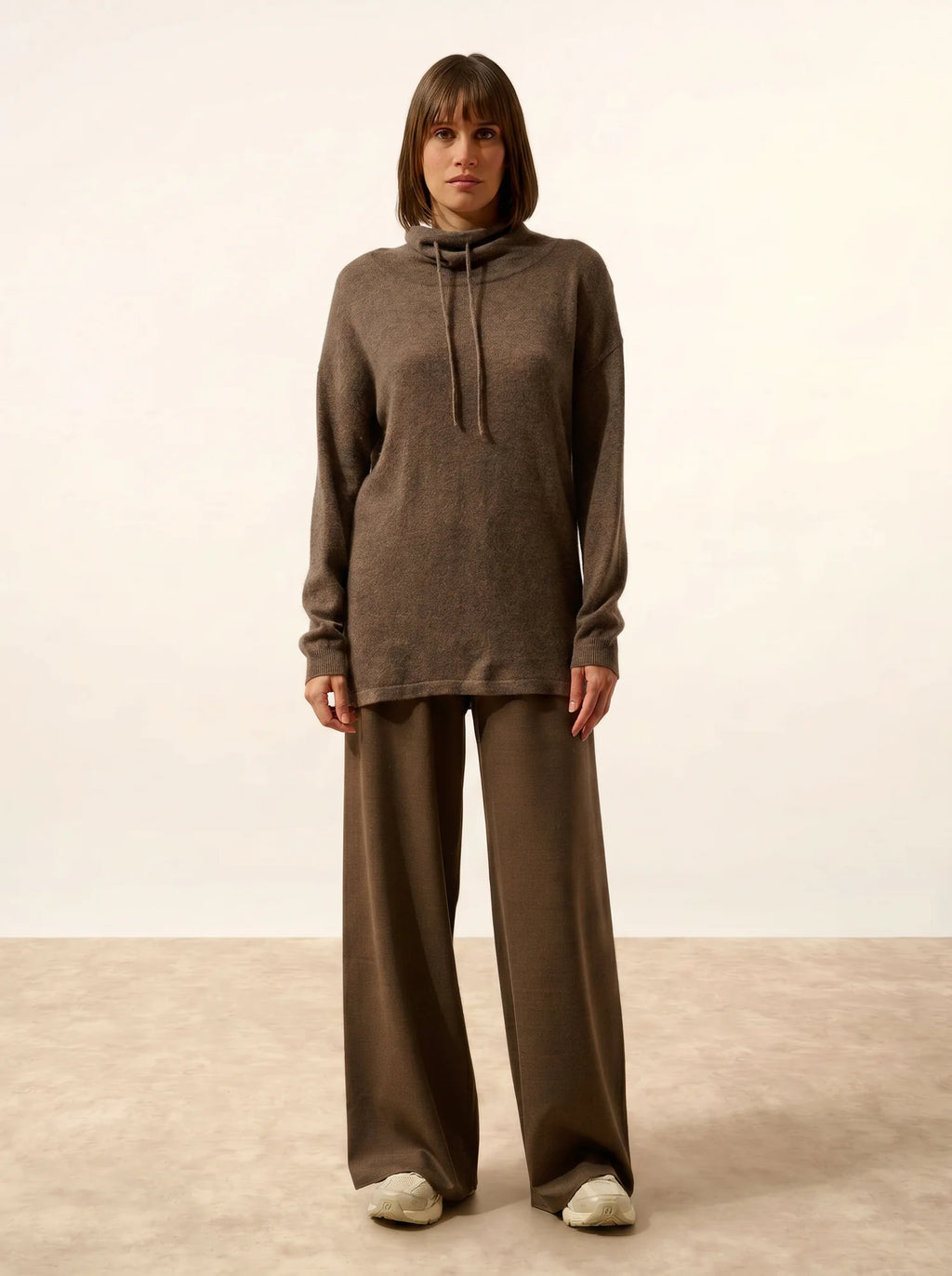 MELROSE Pull Col Montant Cordon Coulissant Fentes Côtés Taupe Chiné