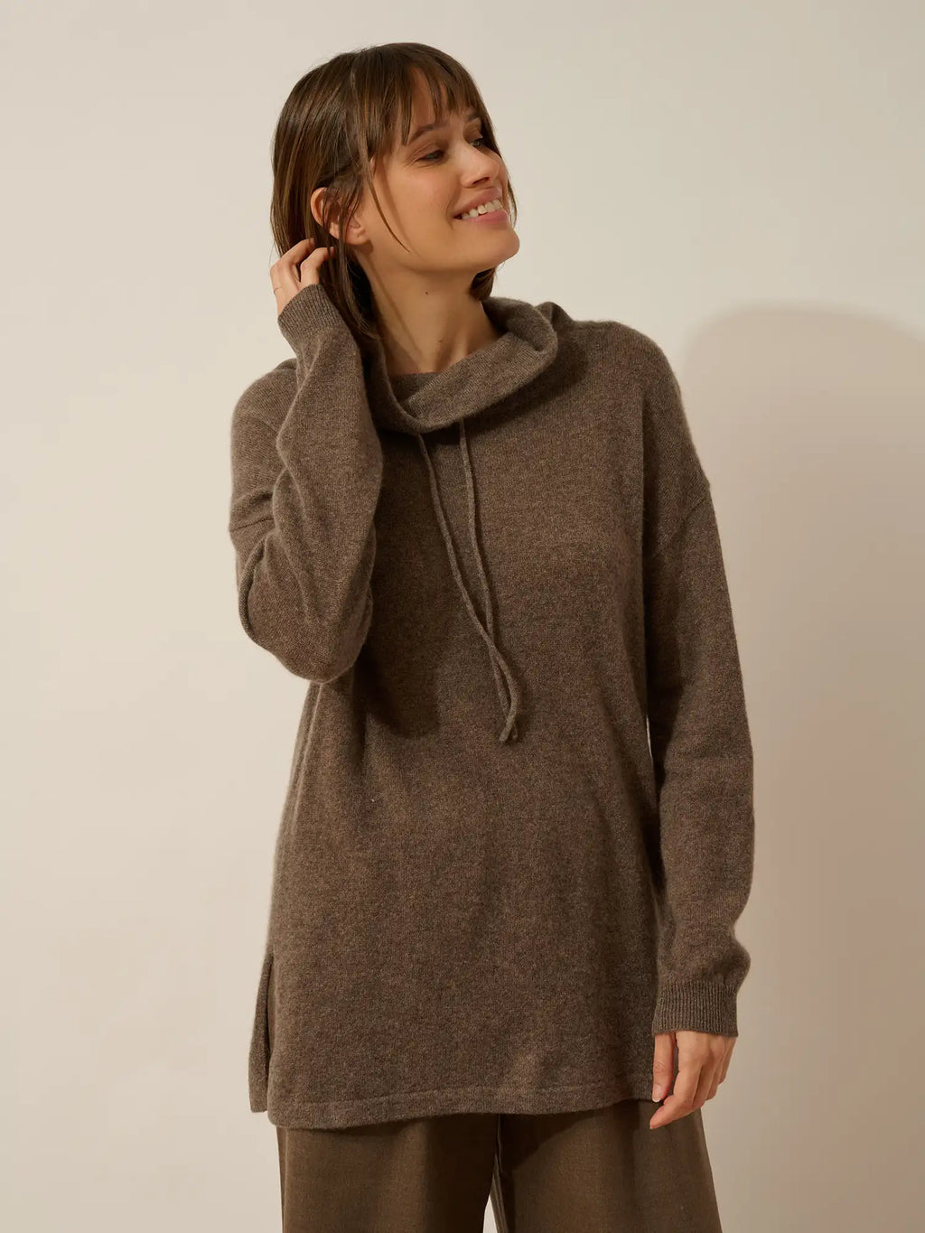 MELROSE Pull Col Montant Cordon Coulissant Fentes Côtés Taupe Chiné