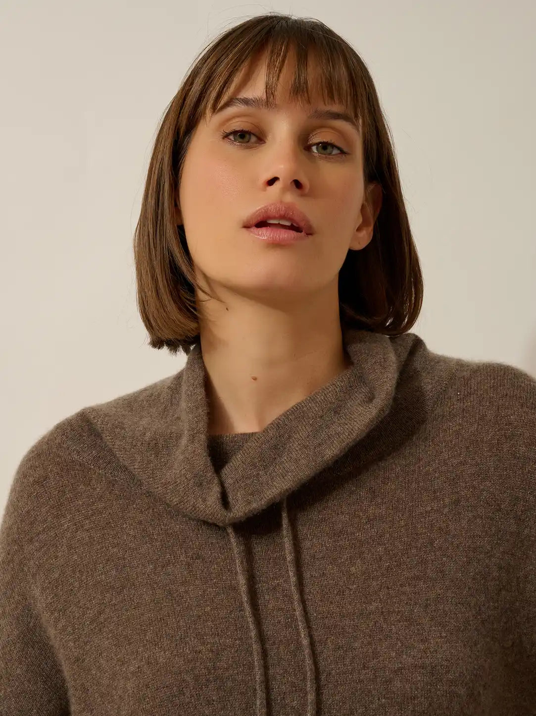 MELROSE Pull Col Montant Cordon Coulissant Fentes Côtés Taupe Chiné