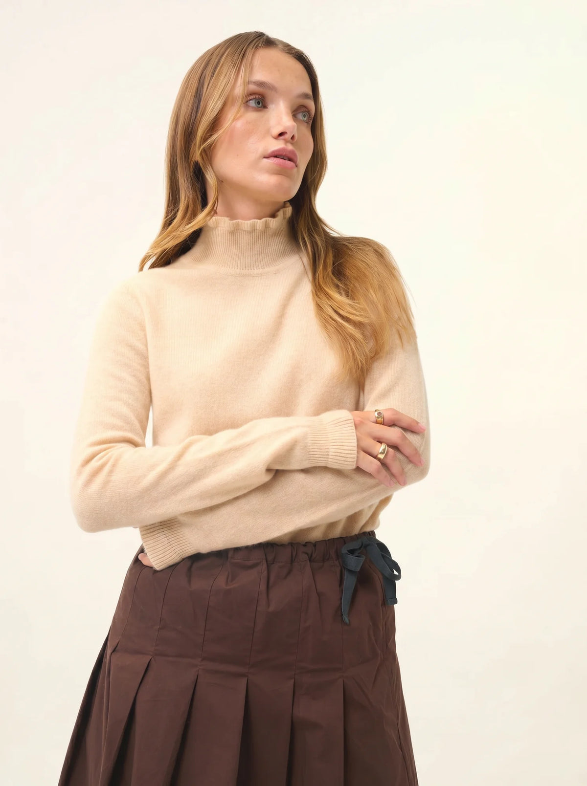 TRILA Sweater Mock Neck Ruffled Sand