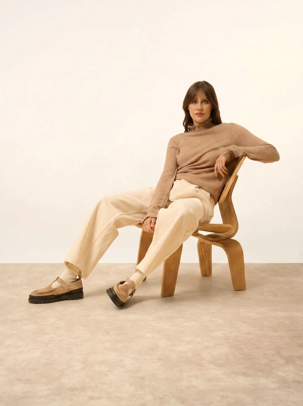 TRILA Sweater Mock Neck Ruffled Heather Camel