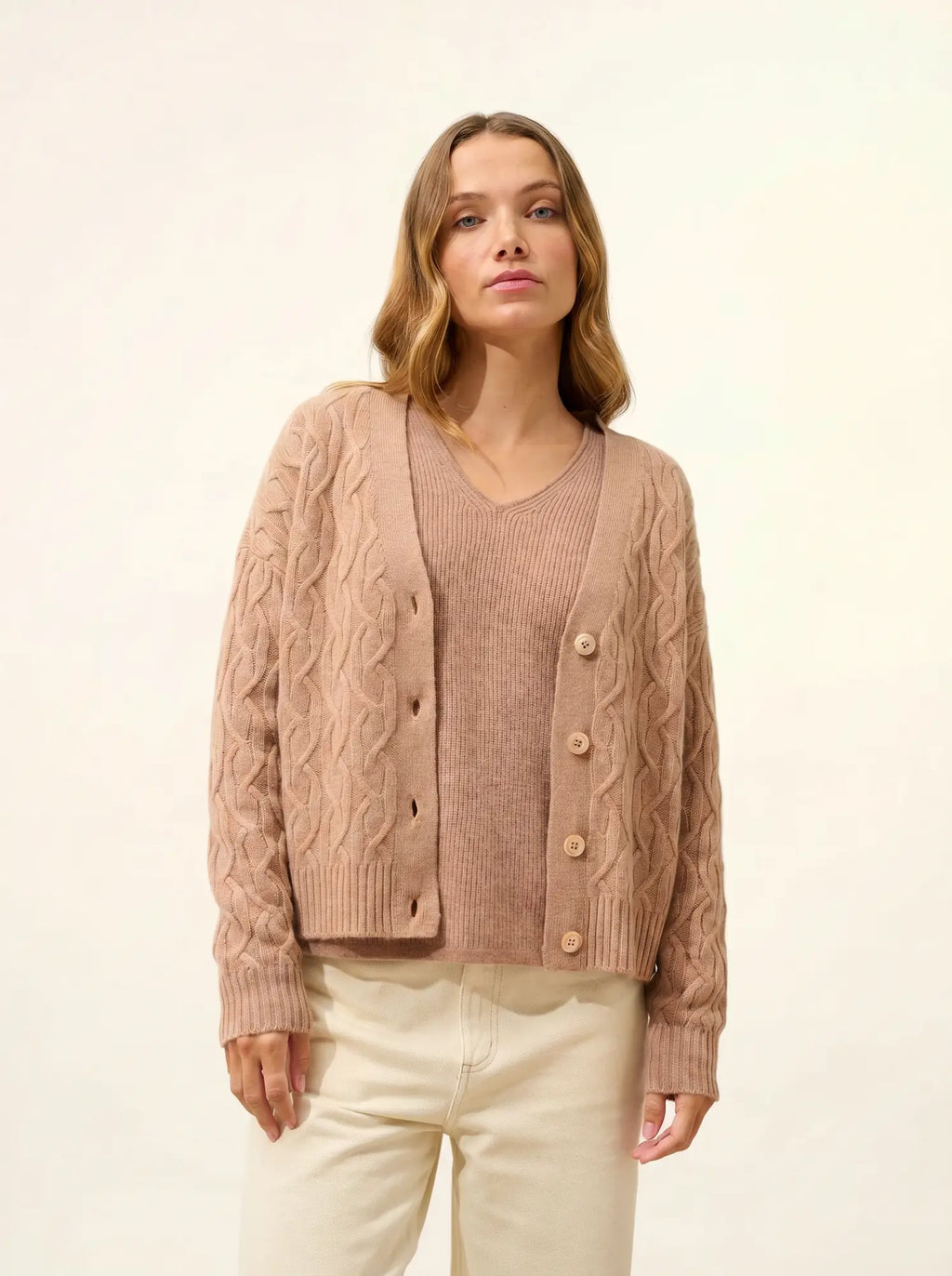 SYSTA Cardigan Col V 4 Fils Camel Chiné