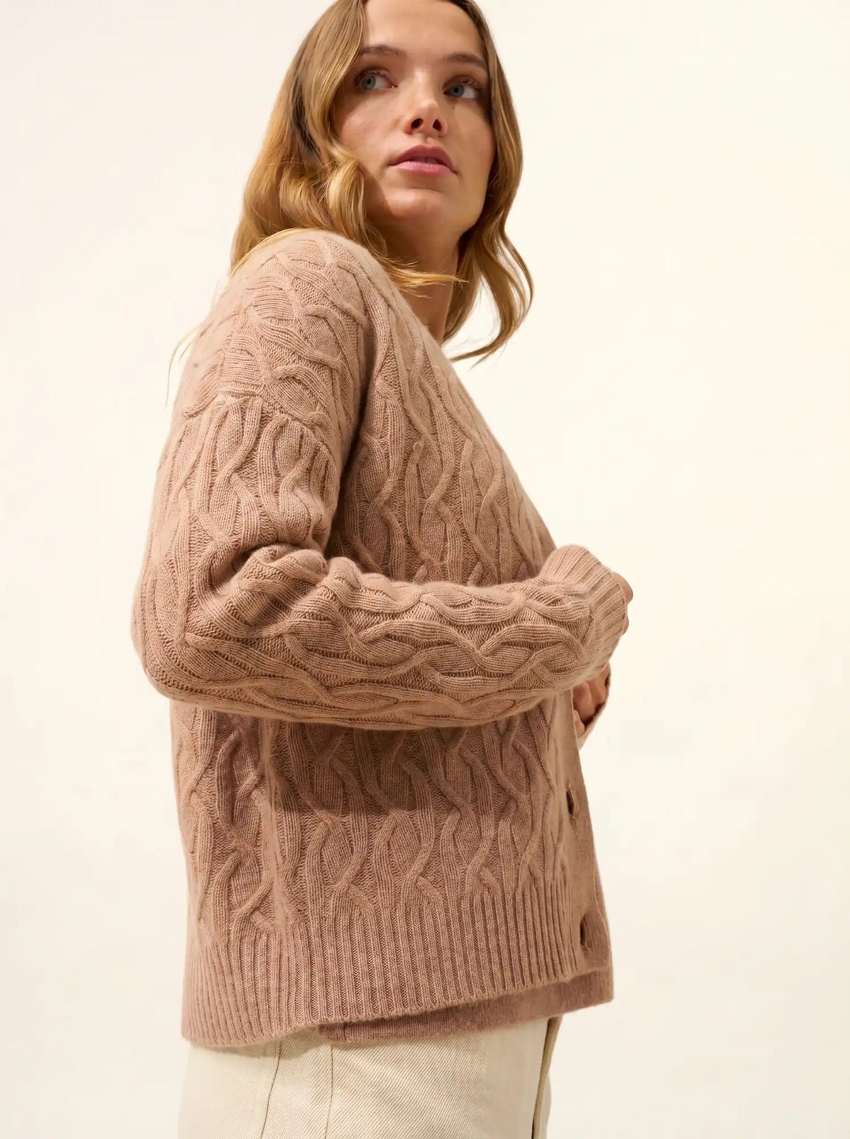 SYSTA Cardigan Col V 4 Fils Camel Chiné