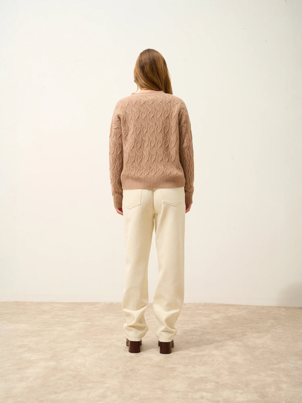 SYSTA Cardigan Col V 4 Fils Camel Chiné