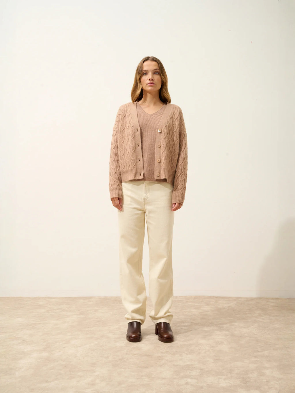 SYSTA Cardigan Col V 4 Fils Camel Chiné