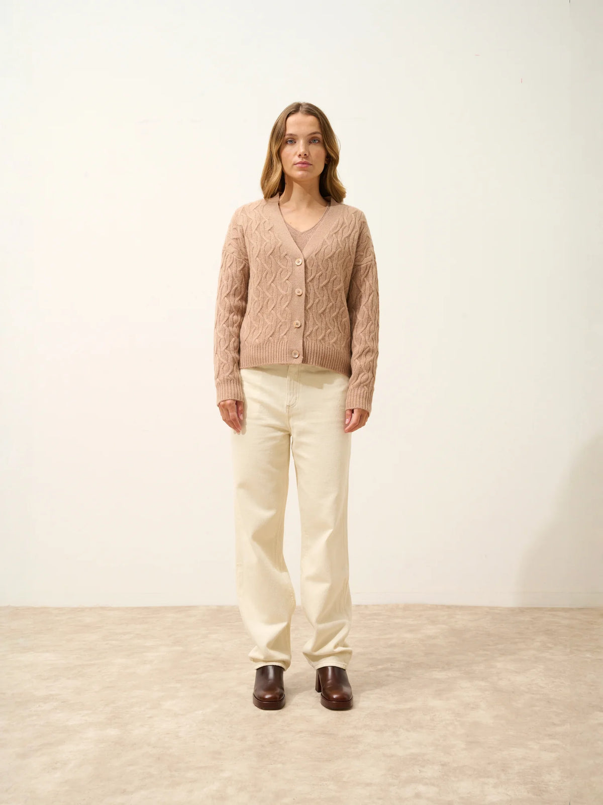 SYSTA Cardigan Col V 4 Fils Camel Chiné