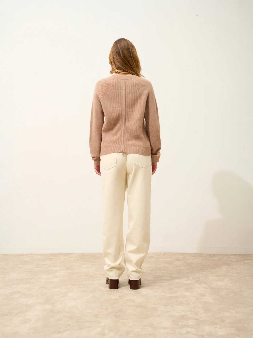 JONA Pullover Rundhalsausschnitt mit Reißverschluss hinten Camel meliert