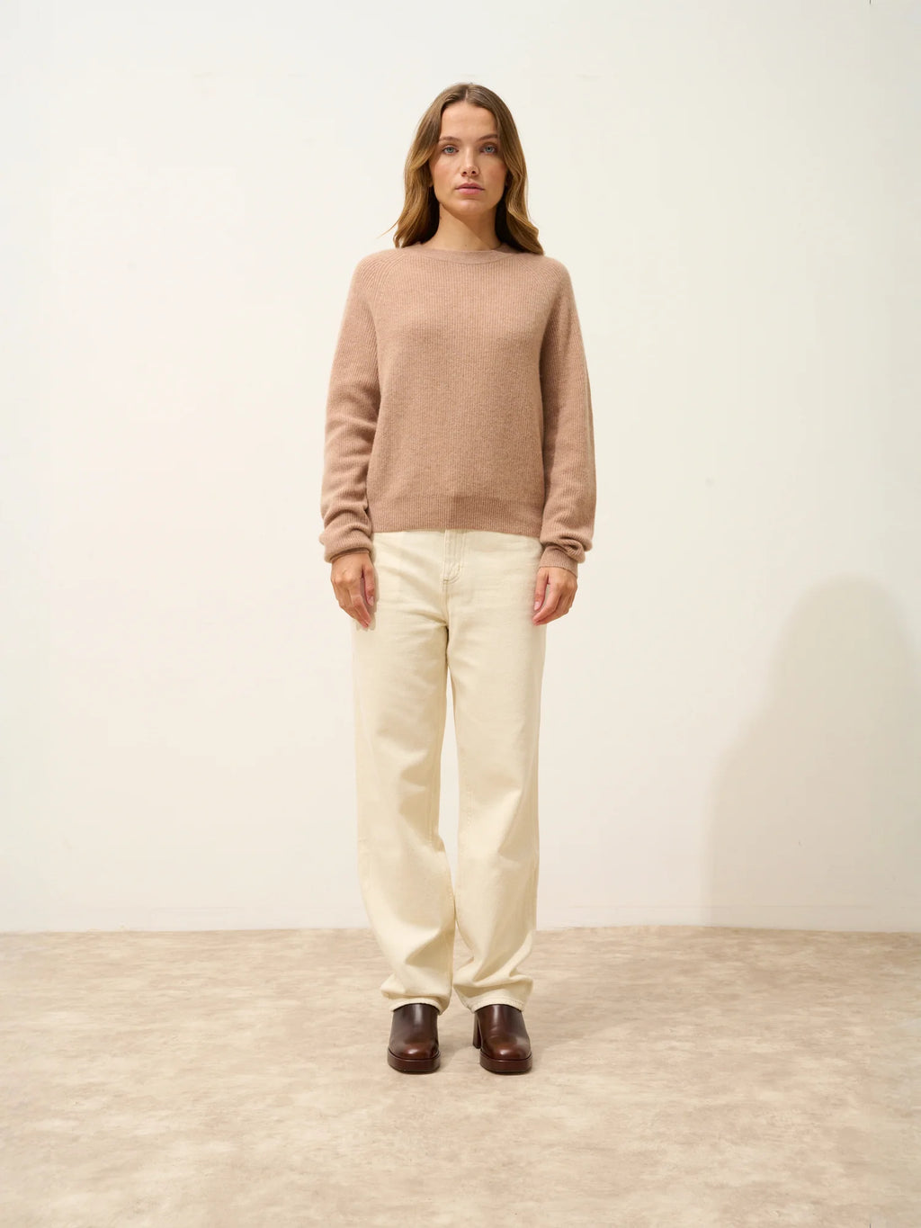 JONA Pullover Rundhalsausschnitt mit Reißverschluss hinten Camel meliert