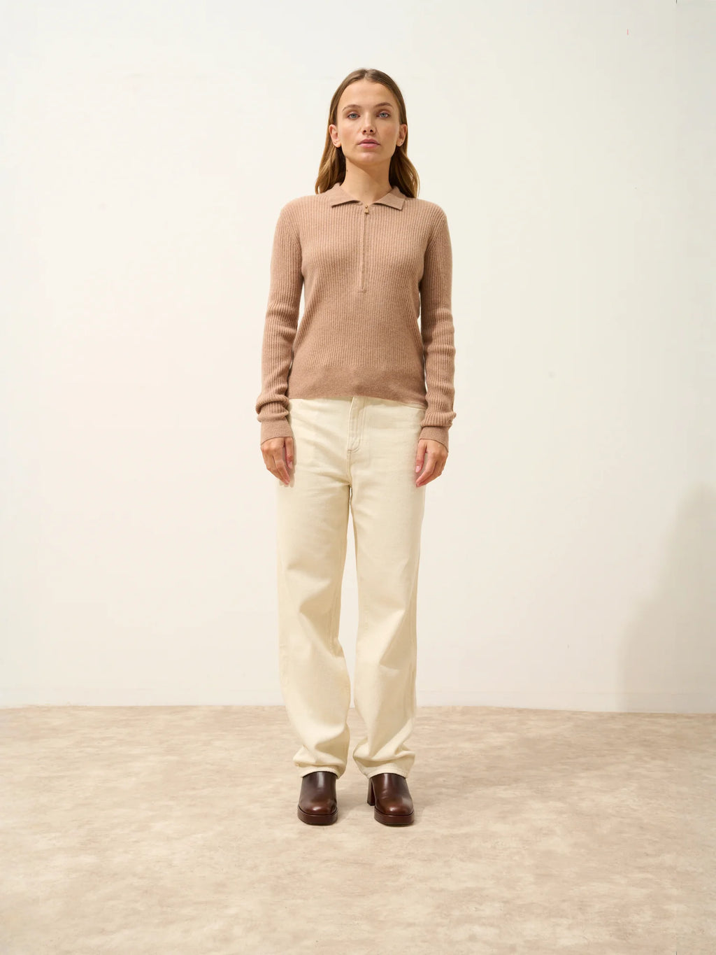 KRISTJAN Polo Col Zippé Manches Longues Camel Chiné