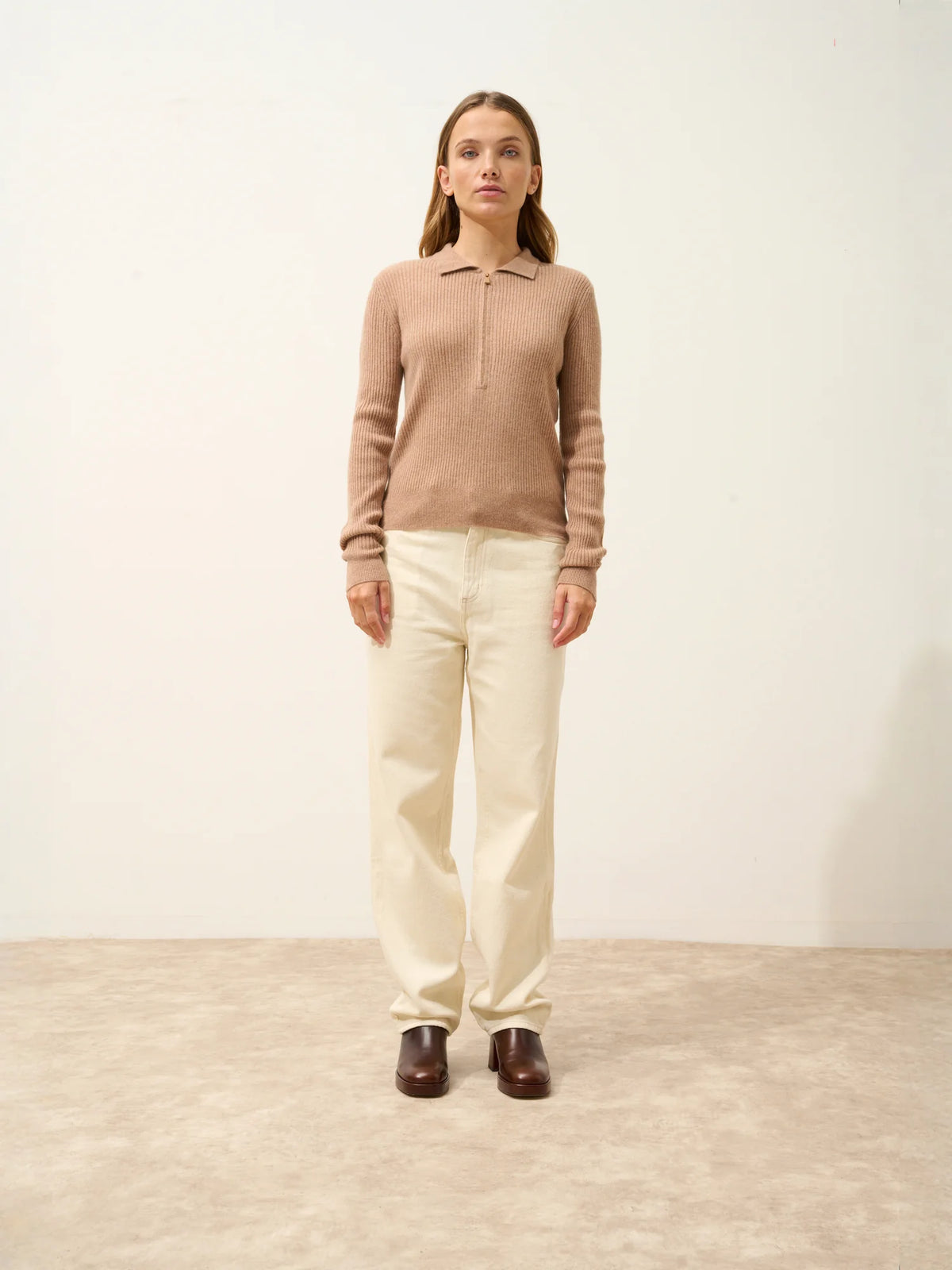 KRISTJAN Polo Col Zippé Manches Longues Camel Chiné