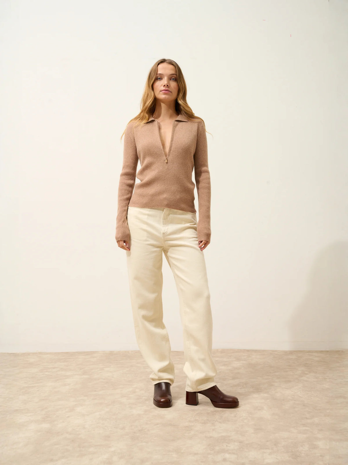 KRISTJAN Polo Col Zippé Manches Longues Camel Chiné