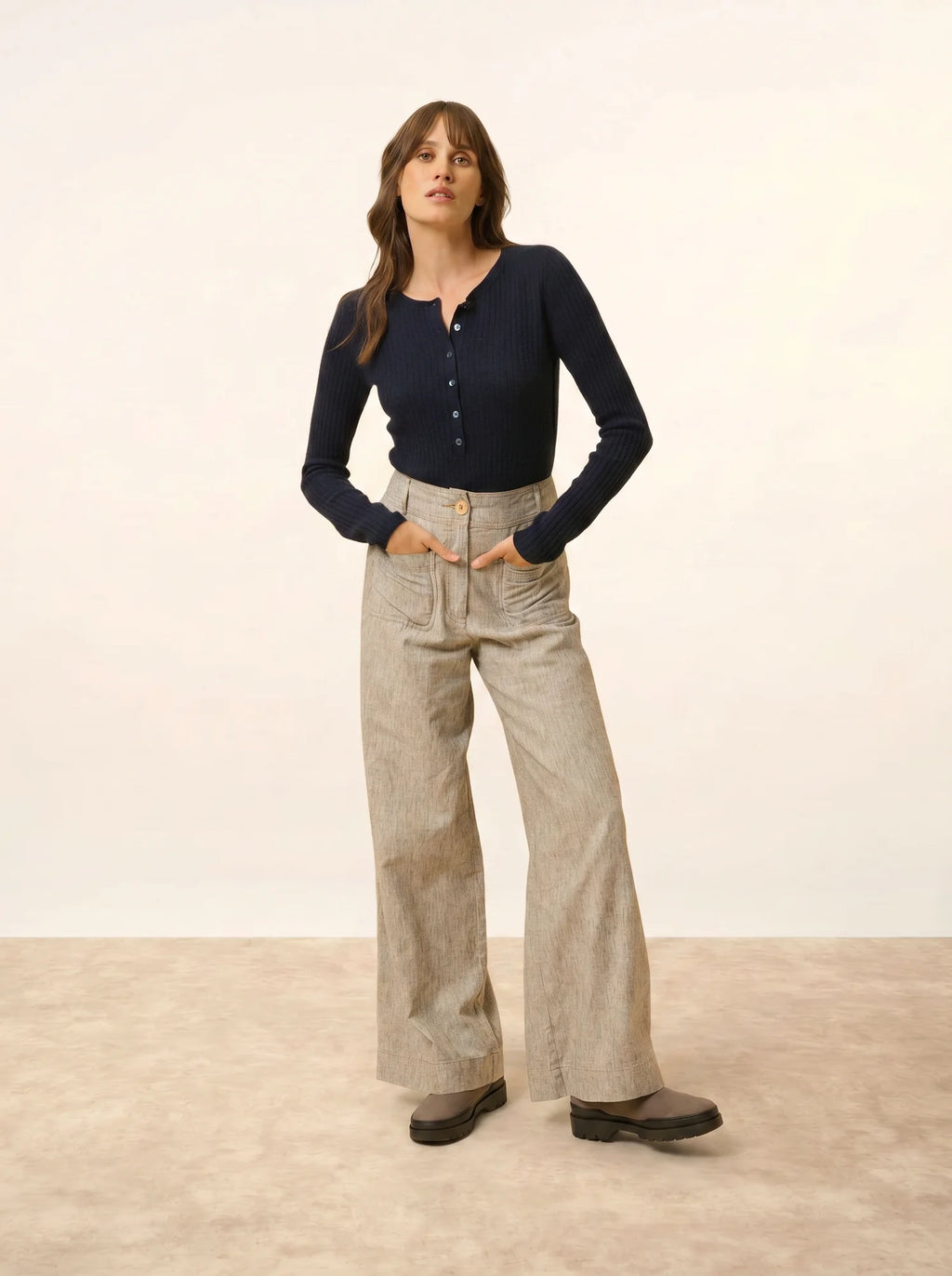 FUNI Bodysuit Buttoned Crew Neck Navy