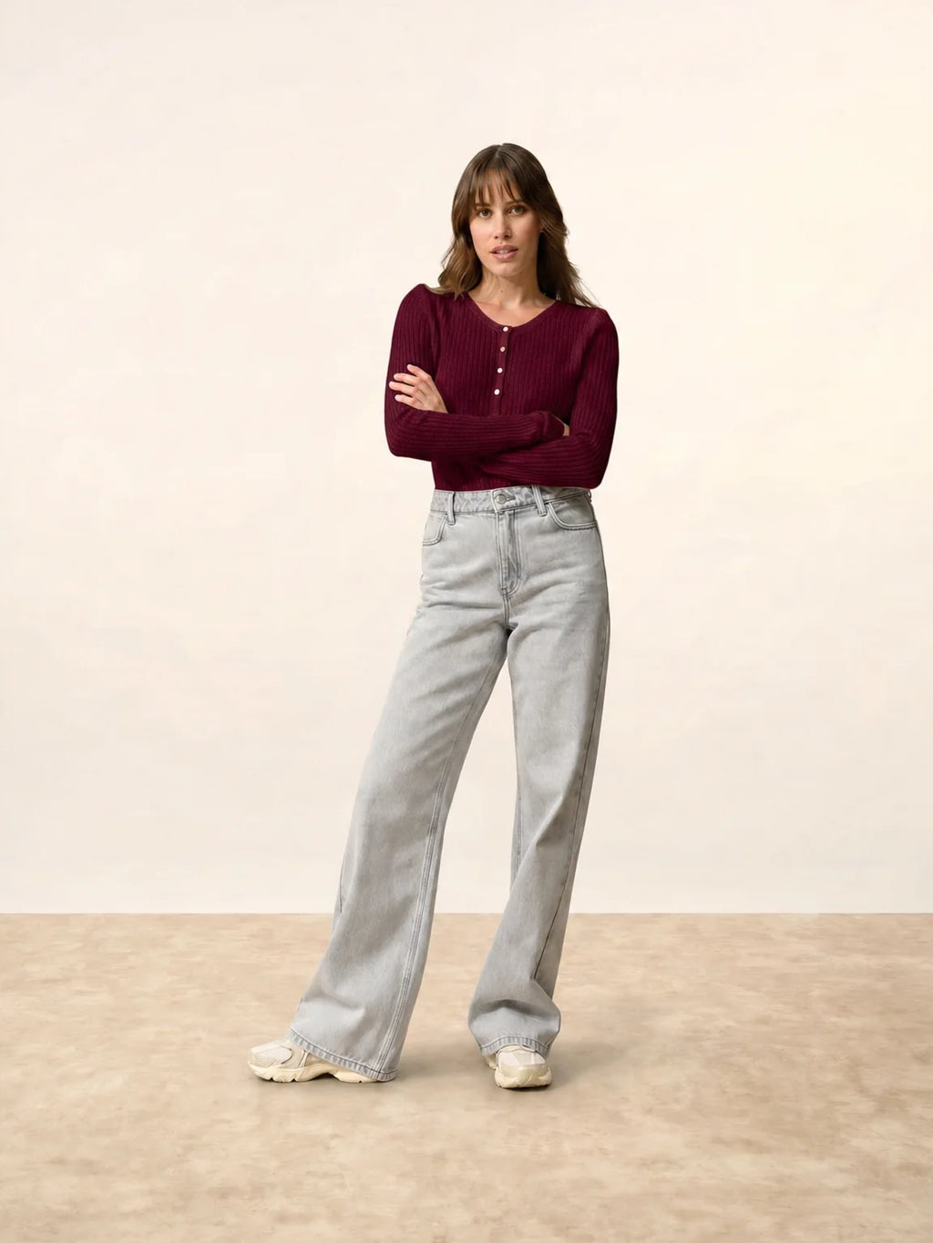 FUNI Bodysuit Buttoned Crew Neck Burgundy