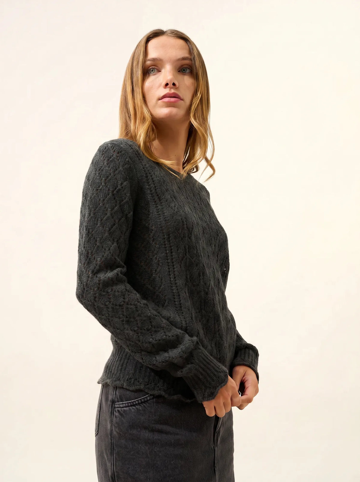 NADIA Pull Col Rond 8 Fils Carbone Chiné