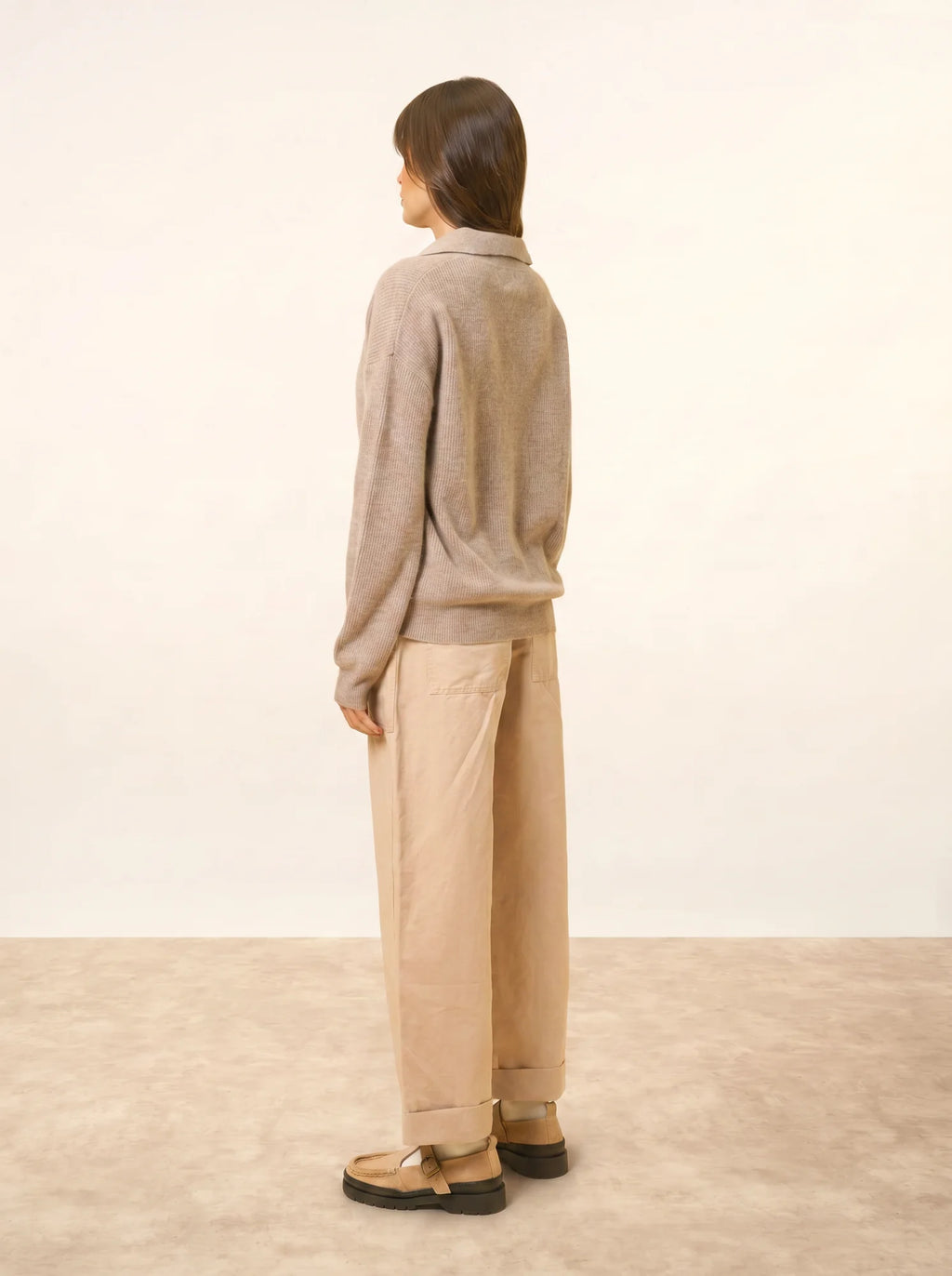 GARCIA Polo Col V Croisé Manches Longues Taupe Clair Chiné