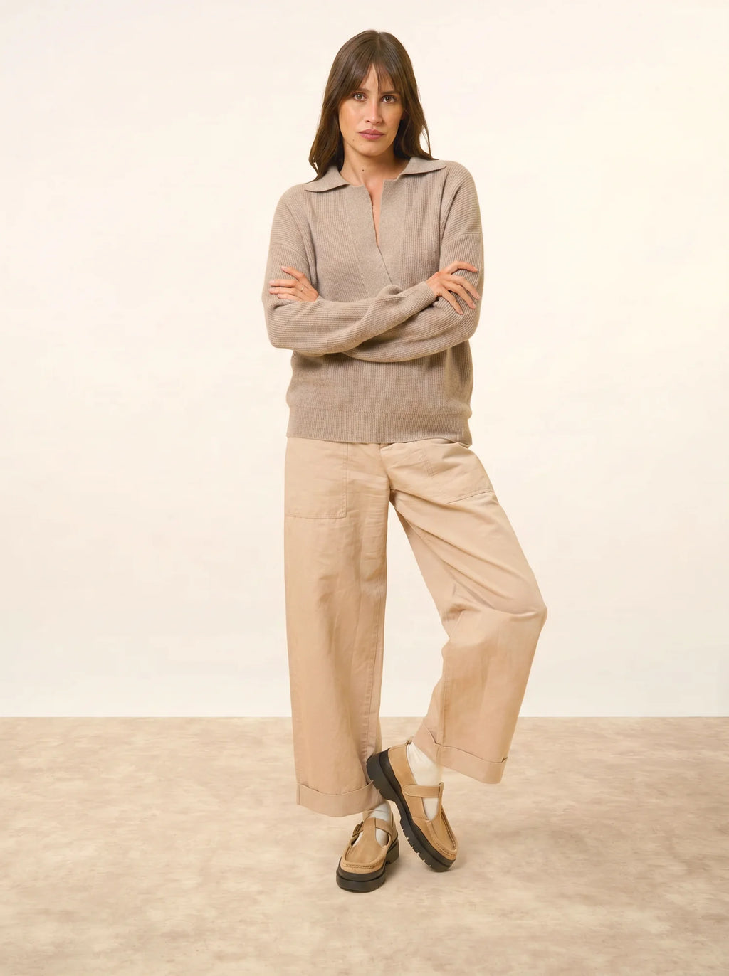GARCIA Polo Col V Croisé Manches Longues Taupe Clair Chiné
