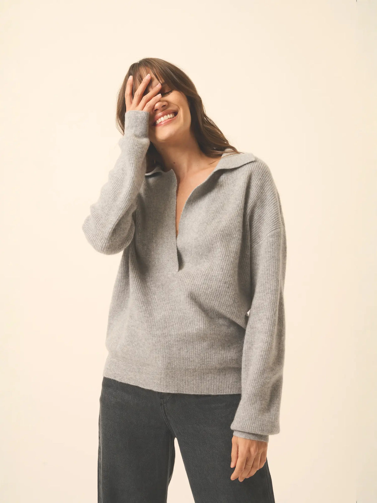 GARCIA Polo V-Neck Crossover Long Sleeve Heather Mouse Grey