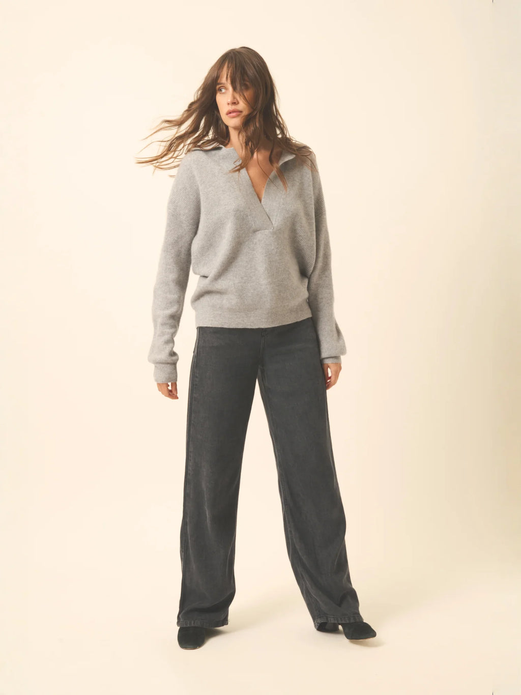 GARCIA Polo V-Neck Crossover Long Sleeve Heather Mouse Grey