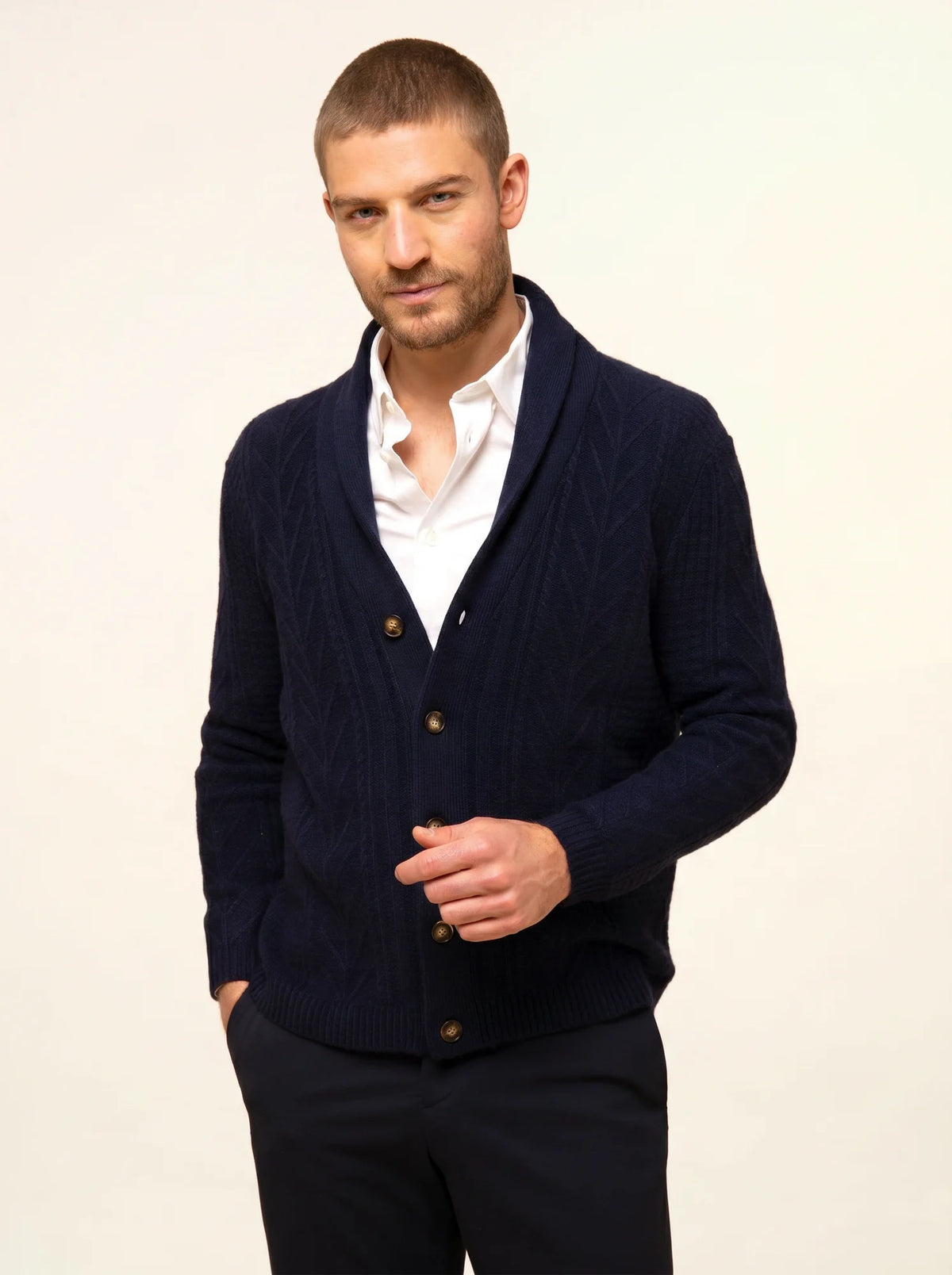 GARMA Veste Boutonnée Col Châle 6 Fils Bleu Marine