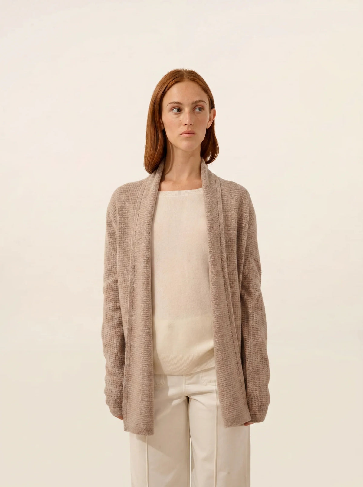 TARAPOTO Jacket Long Open Shawl Collar 4 Ply Light Heather Taupe