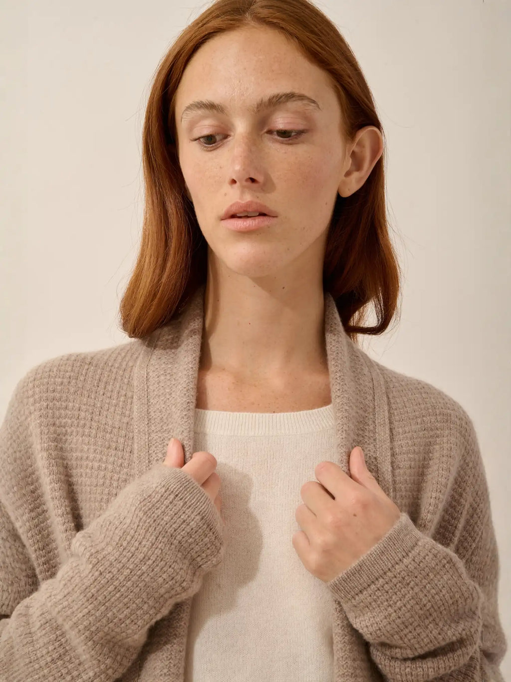 TARAPOTO Jacket Long Open Shawl Collar 4 Ply Light Heather Taupe