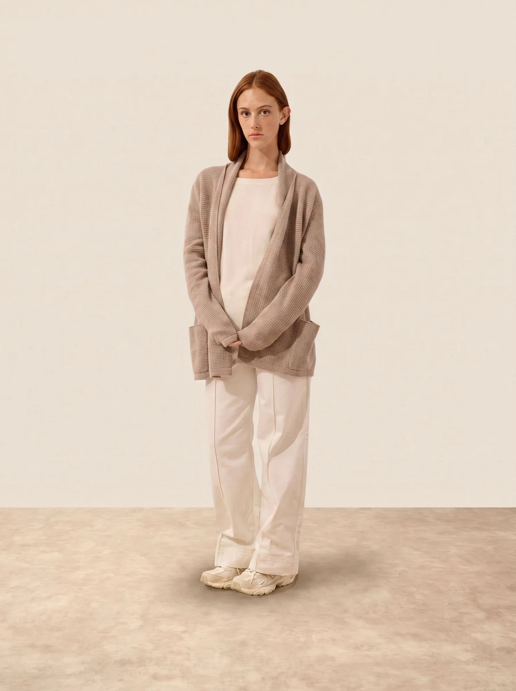 TARAPOTO Jacket Long Open Shawl Collar 4 Ply Light Heather Taupe