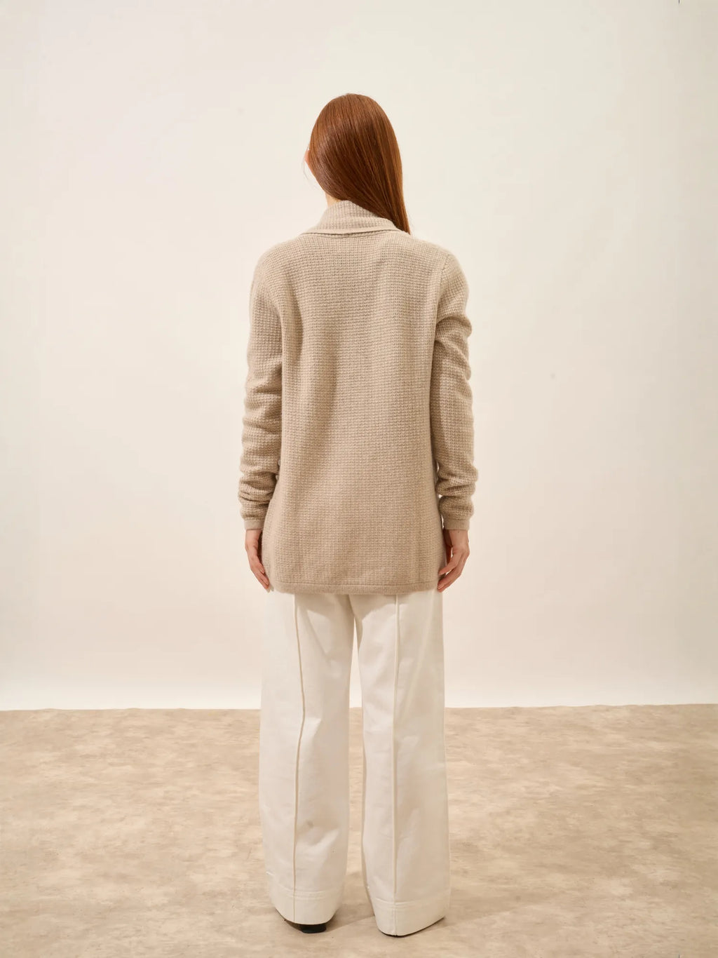 TARAPOTO Veste Longue Ouverte Col Châle 4 Fils Camel Clair Chiné