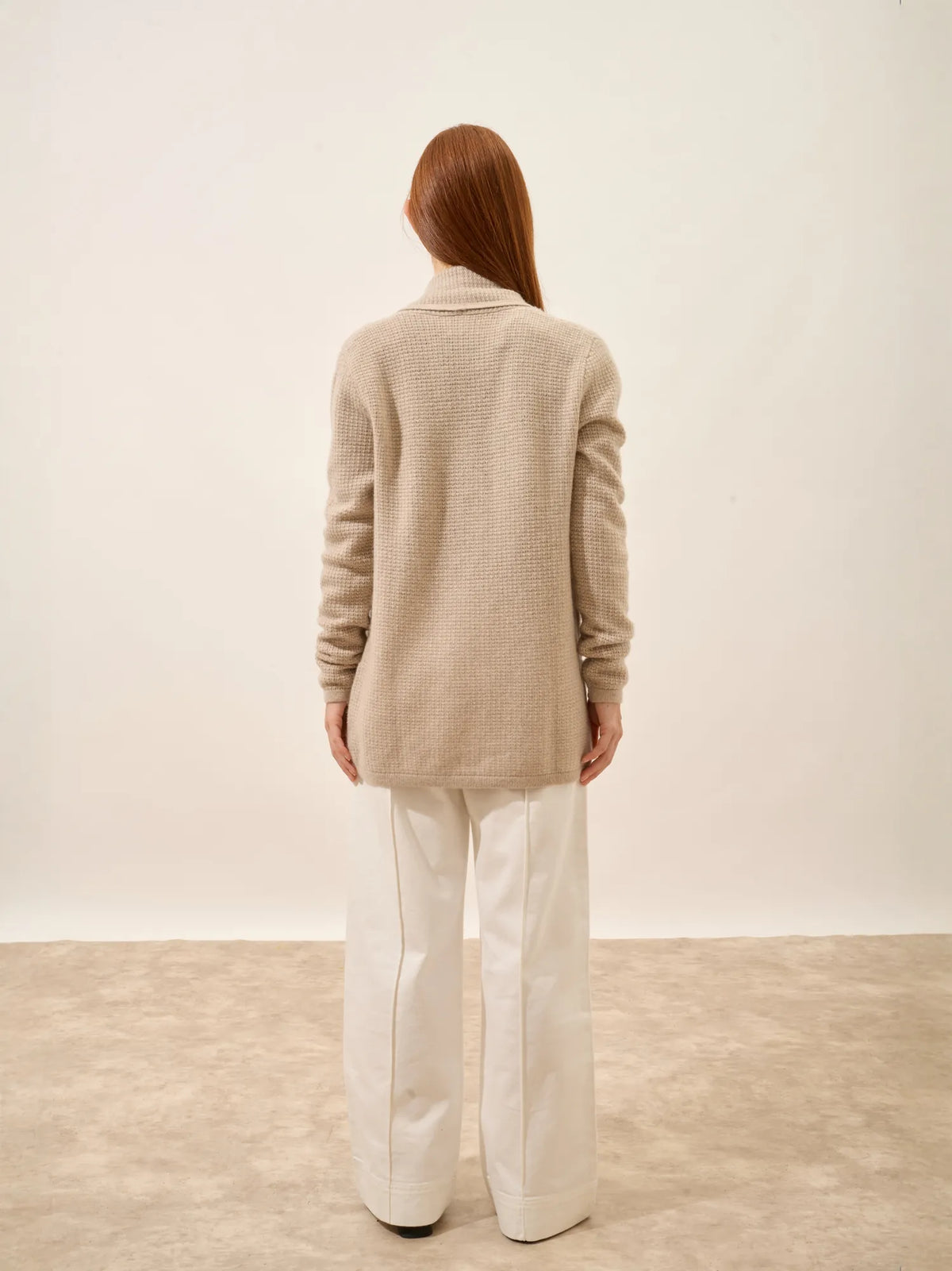 TARAPOTO Veste Longue Ouverte Col Châle 4 Fils Camel Clair Chiné