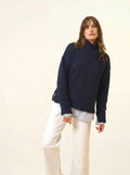 SULLANA Pull Col Montant Fentes Côtés 12 Fils Bleu Marine