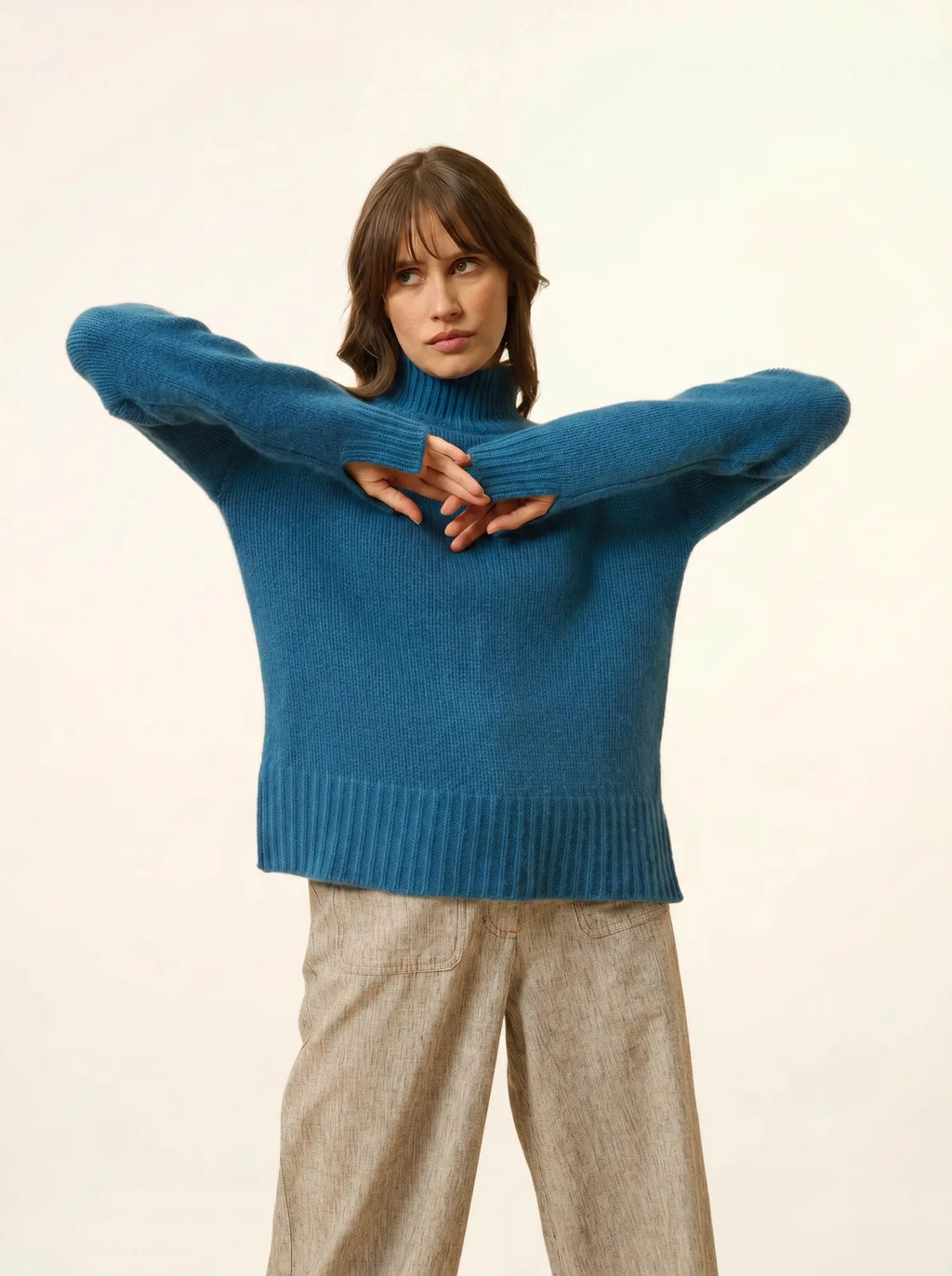 SULLANA Pull Col Montant Fentes Côtés 12 Fils Paon