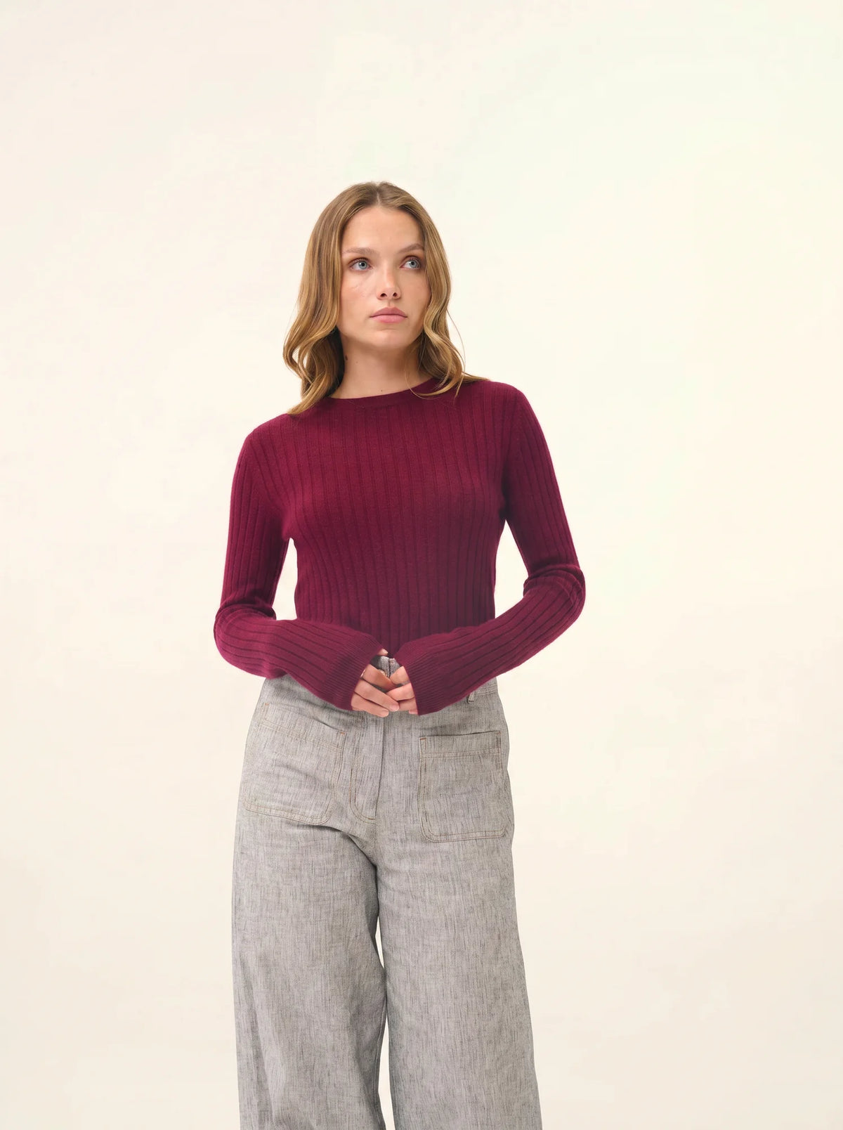 AVANA Pull Col Rond Bordeaux
