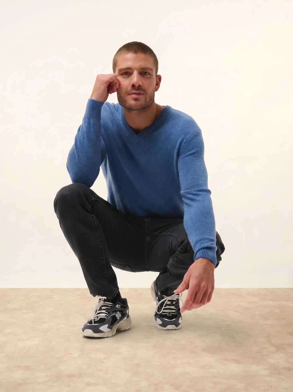 NATHAN Pull Col V 4 Fils Bleu Denim