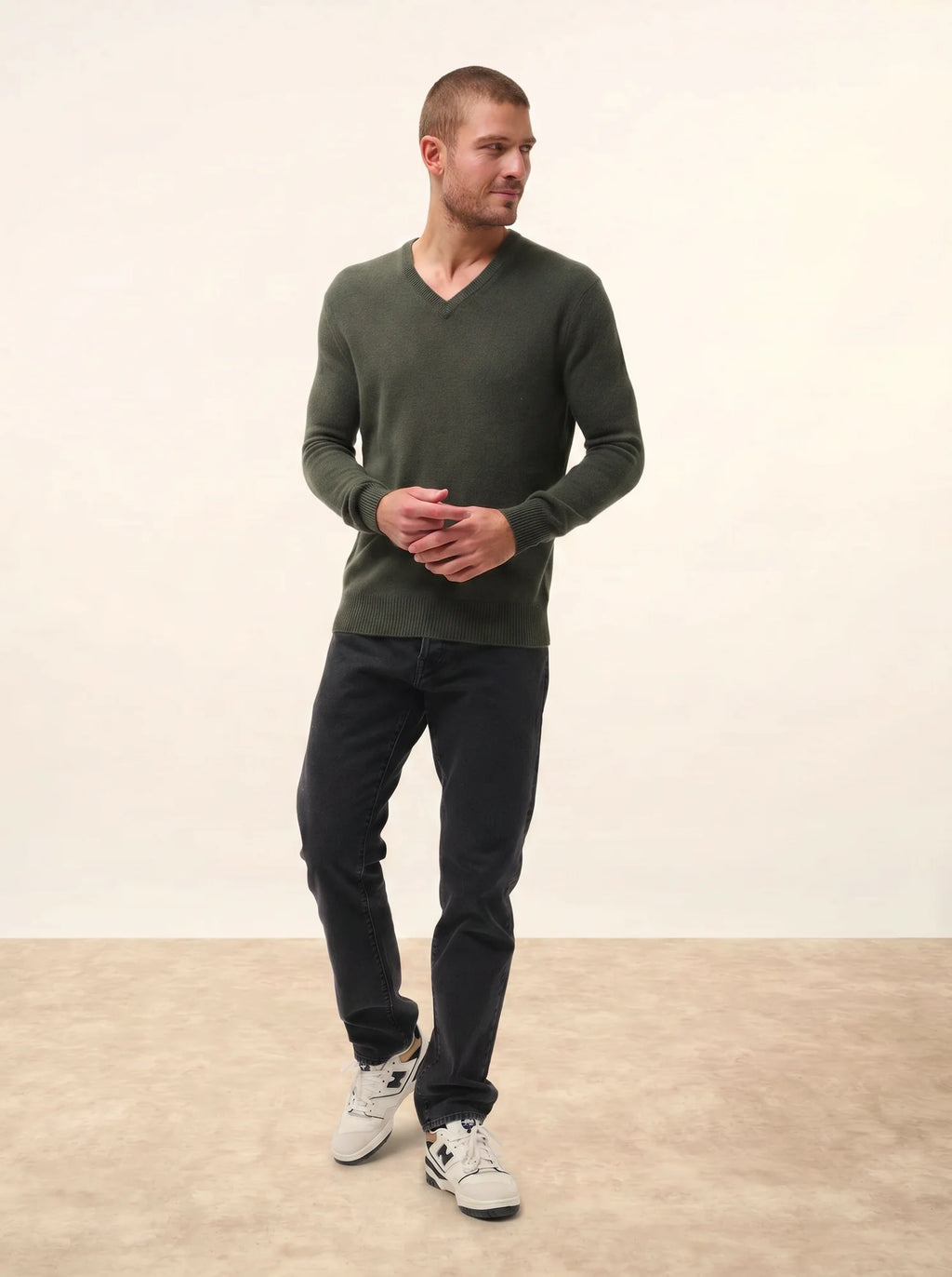 NATHAN Pullover V-Ausschnitt 4-fädig Khaki