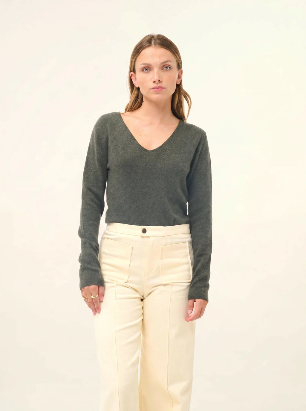 JOAN Pull Col V Kaki Chiné
