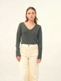 JOAN Pull Col V Kaki Chiné