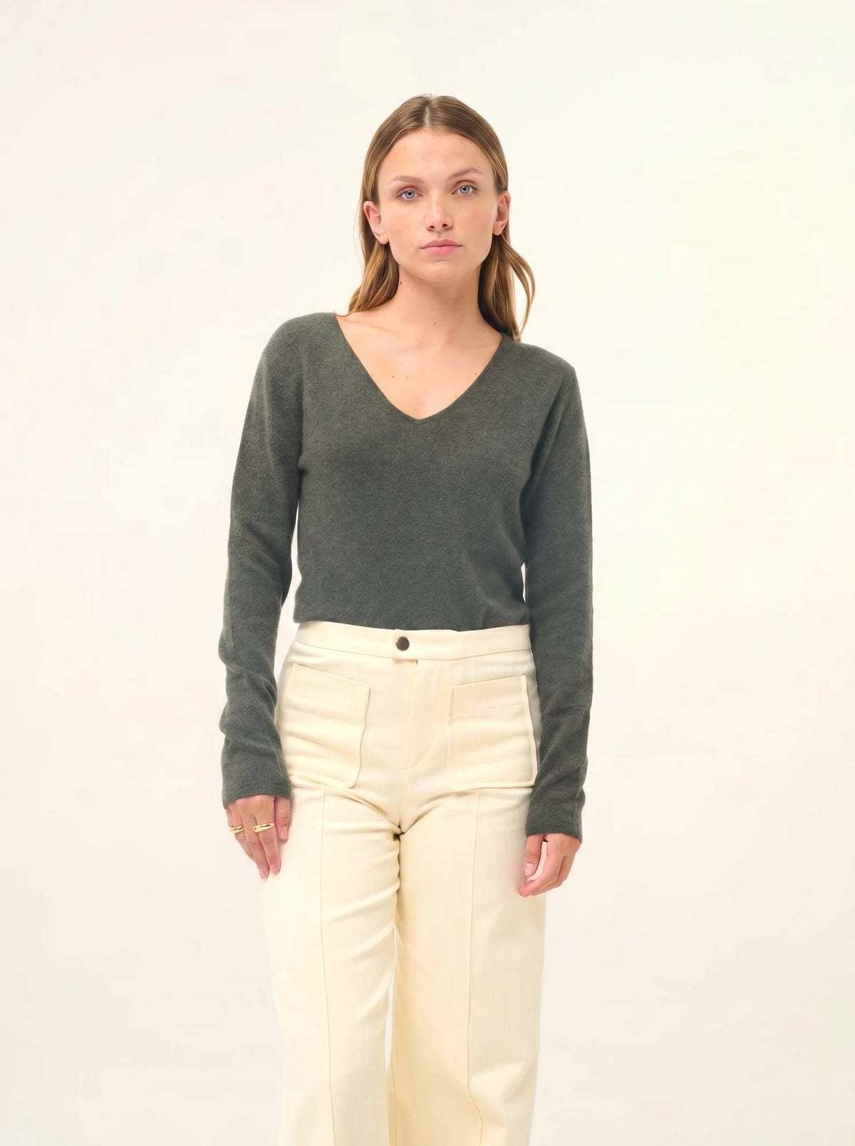 JOAN Pull Col V Kaki Chiné