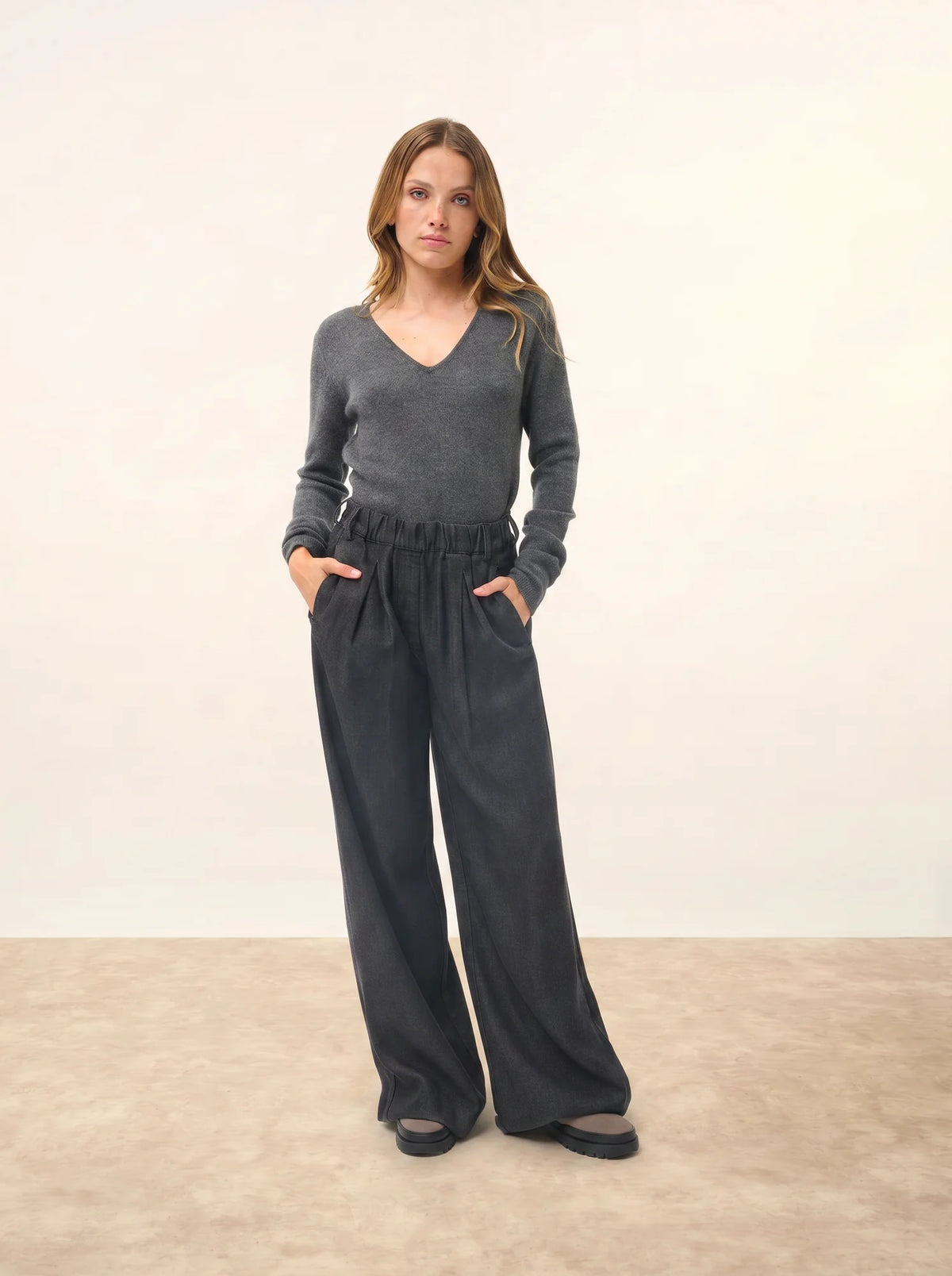 ABBY Pull Col V 4 Fils Anthracite Chiné