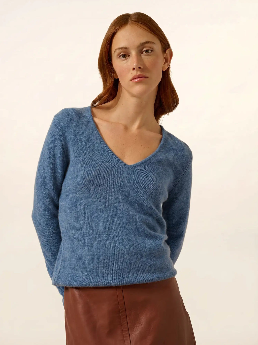 ABBY Pull Col V 4 Fils Bleu Denim