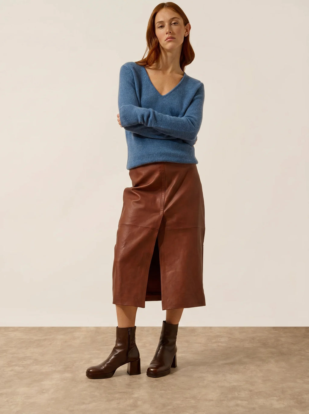 ABBY Pull Col V 4 Fils Bleu Denim