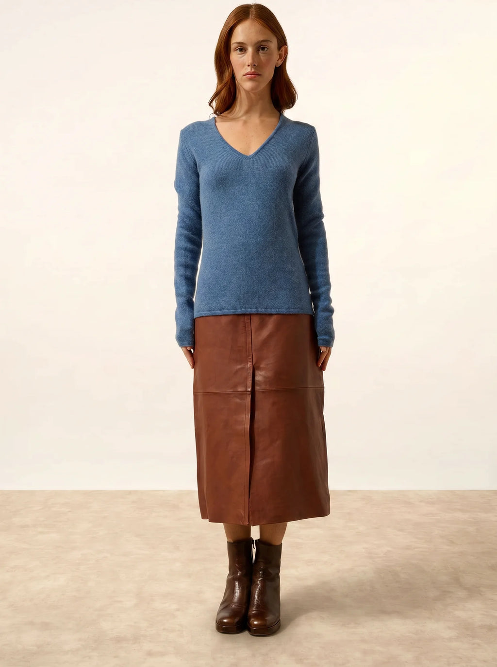 ABBY Pull Col V 4 Fils Bleu Denim