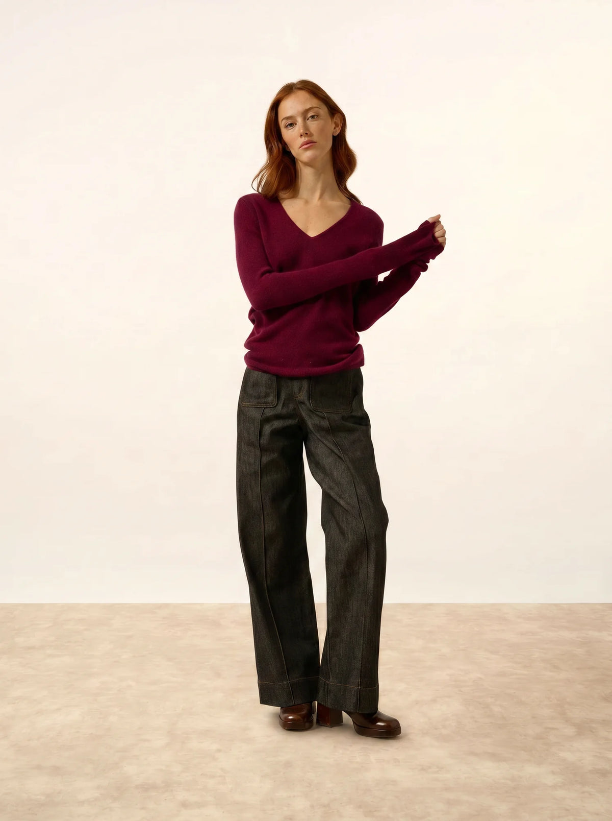 ABBY Pull Col V 4 Fils Bordeaux