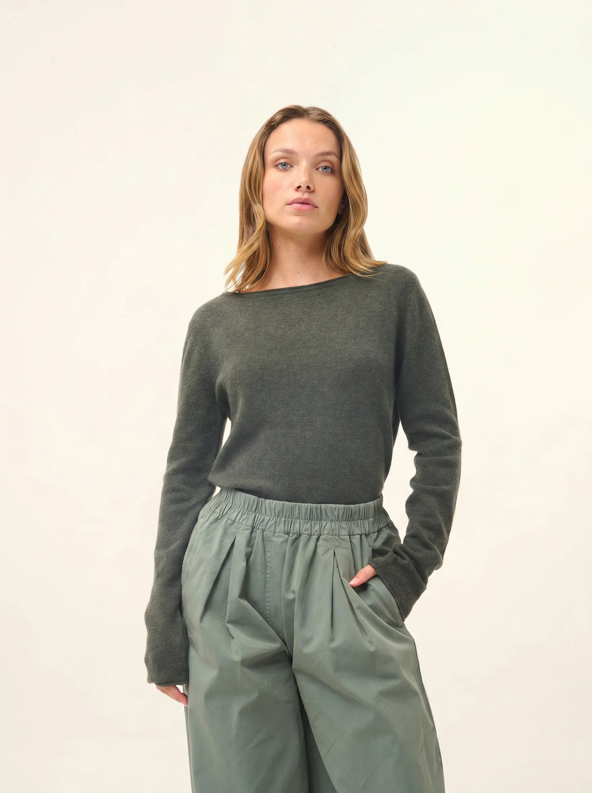 GRACE Pullover U-Boot-Ausschnitt Khaki meliert