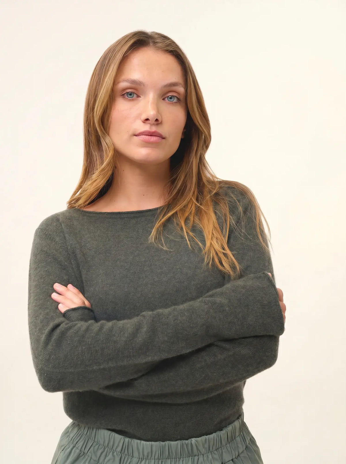 GRACE Pullover U-Boot-Ausschnitt Khaki meliert