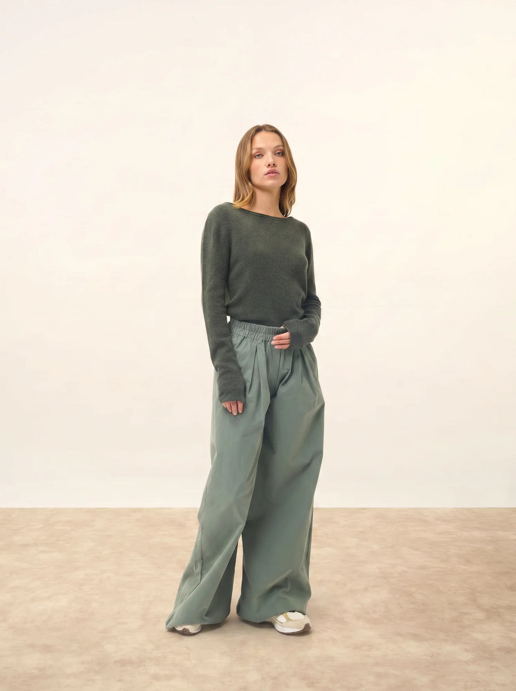 GRACE Pullover U-Boot-Ausschnitt Khaki meliert