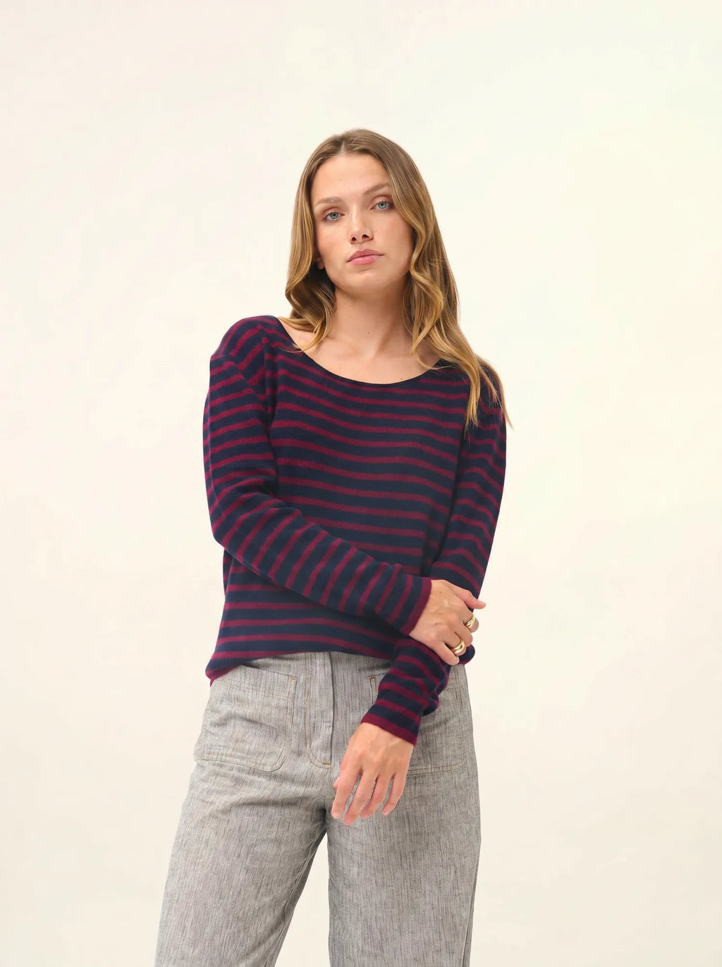 FIONA Pull Col Rond Bordeaux et Bleu Marine