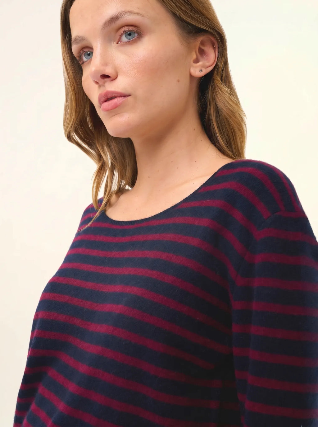 FIONA Pull Col Rond Bordeaux et Bleu Marine