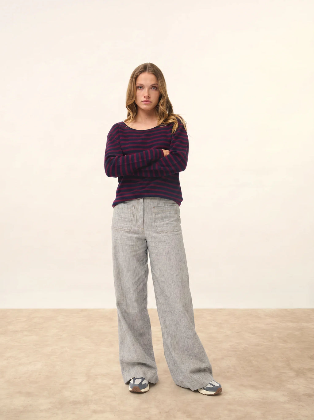 FIONA Pull Col Rond Bordeaux et Bleu Marine