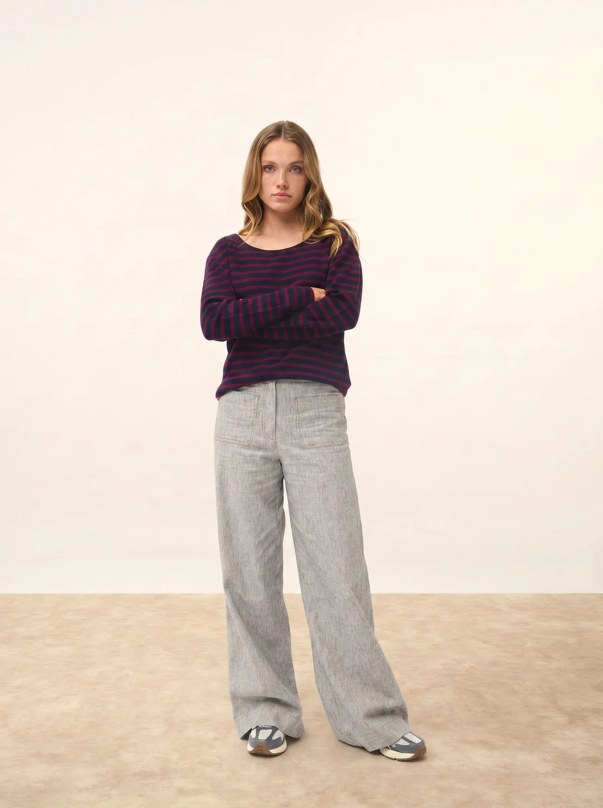 FIONA Pull Col Rond Bordeaux et Bleu Marine