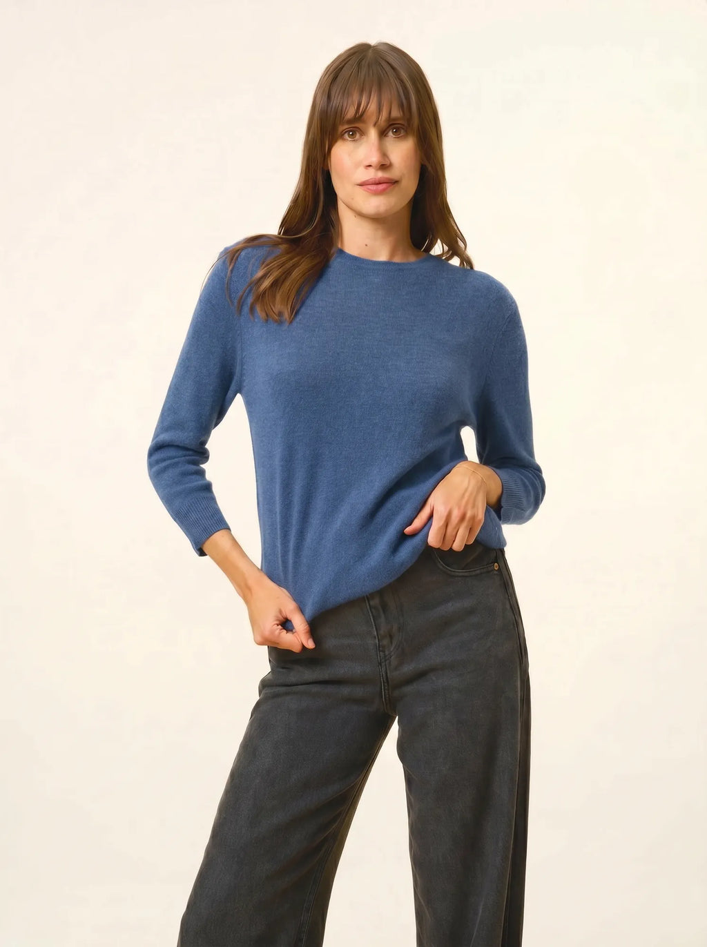 JANICE Sweater Crew Neck Buttoned Back Denim Blue