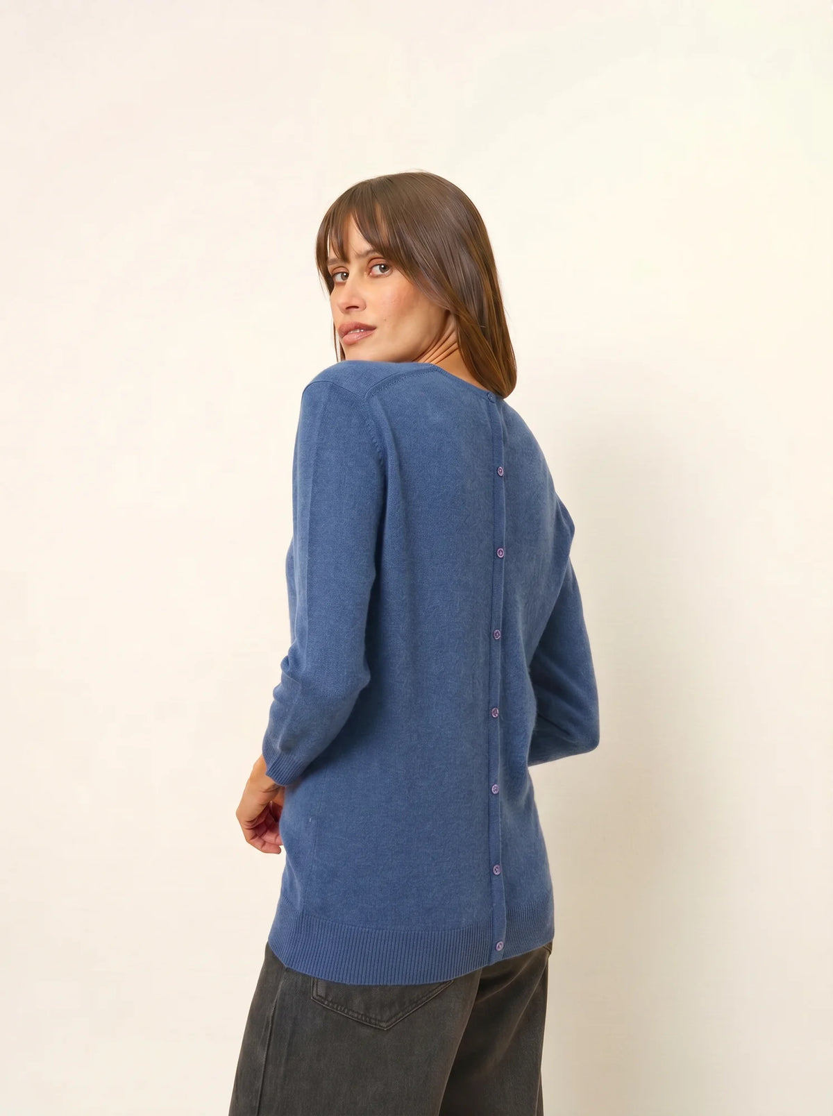 JANICE Sweater Crew Neck Buttoned Back Denim Blue